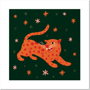 Tiny Orange Cheetah cat in Flower Field illustration Posters and Art